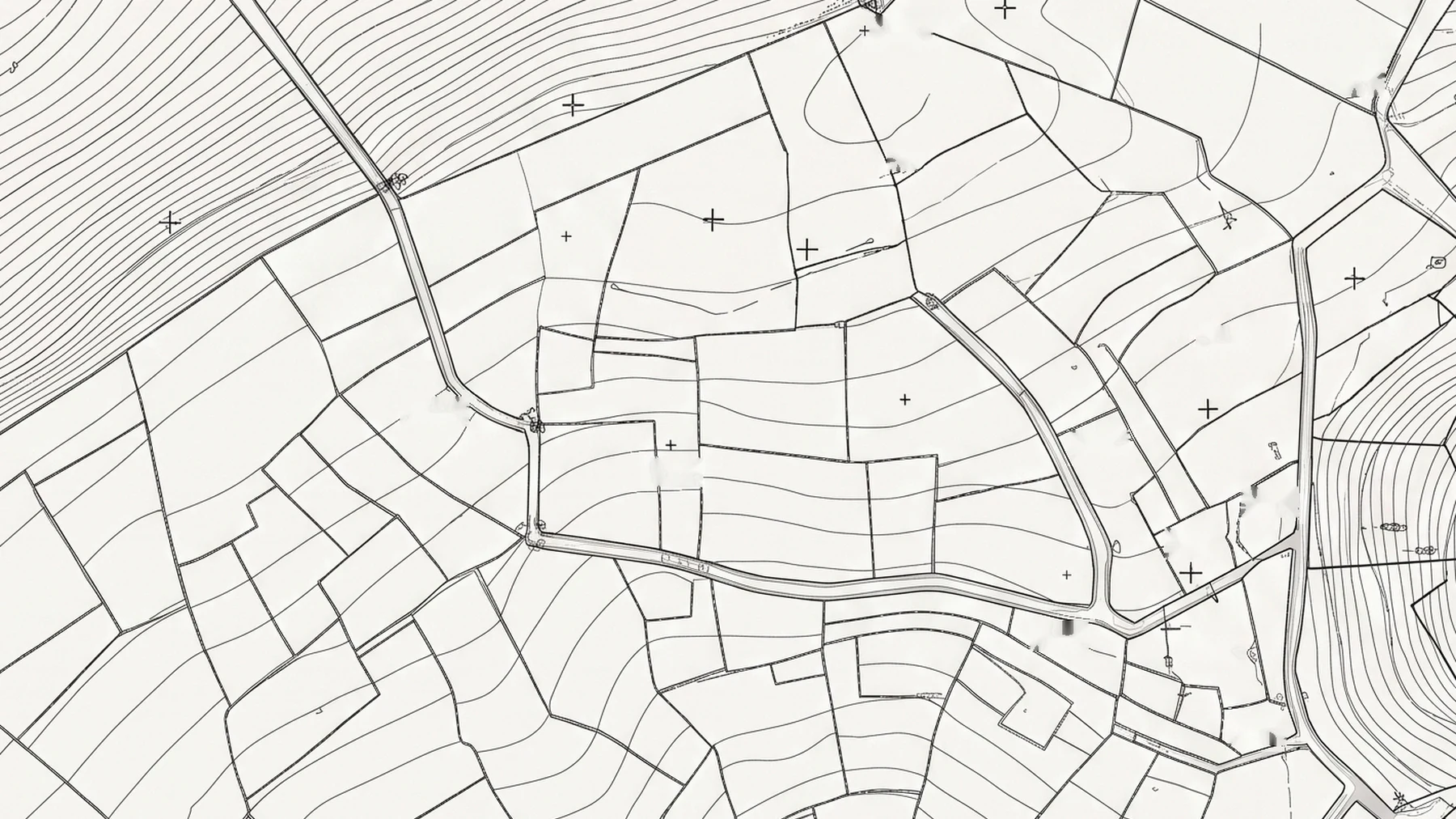 Levantamento cadastral de um território rural: parcelas, curvas de nível e caminhos