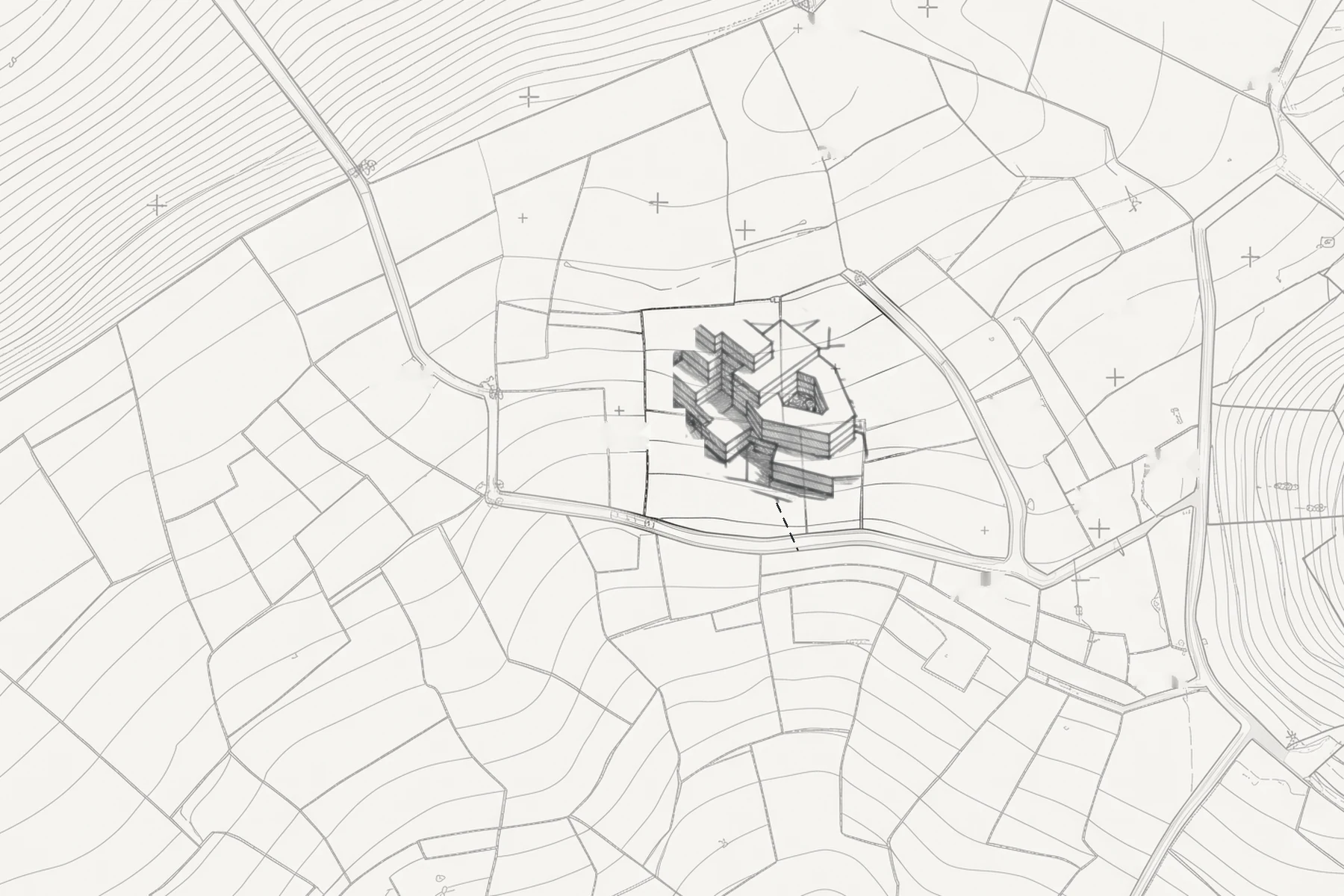 Levantamento cadastral com uma parcela em destaque e o estudo volumétrico do seu potencial desenhado sobre o mapa